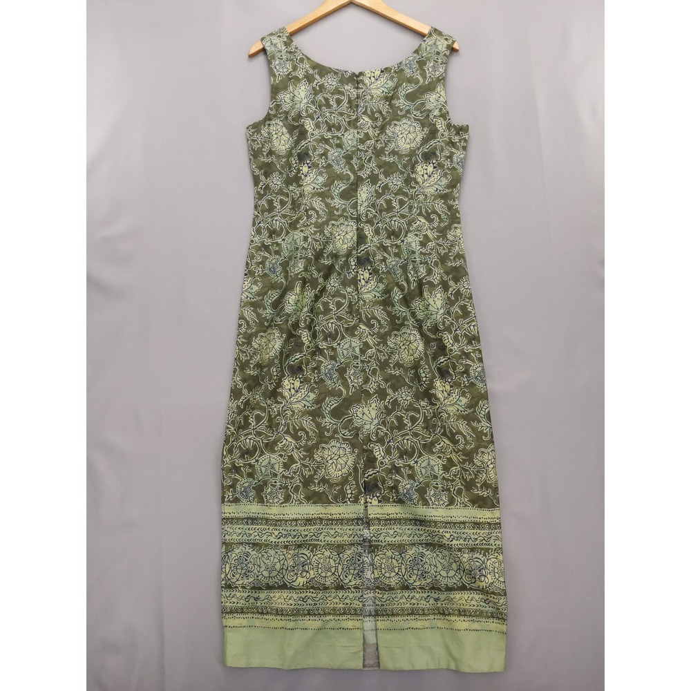 Peruvian Connection Sheath Dress 12 Green Floral Pima Cotton Midi Sleeveless - Picture 5 of 8